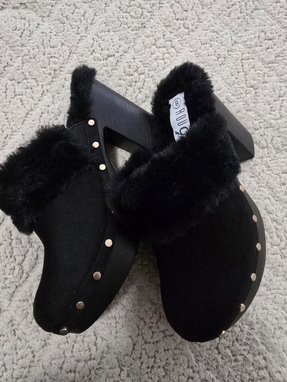 Plush Black Faux-Fur Studded Clog Mules — Women's Slip-On Heels